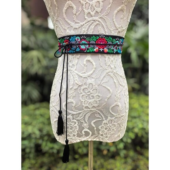 Mexican Embroidered Belt Women Adjustable Tassel Wide Dress Accessory